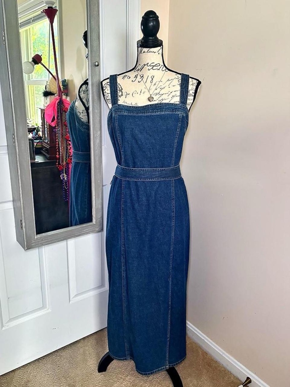 LOFT Dark Blue Denim Maxi Dress with a tie belt
